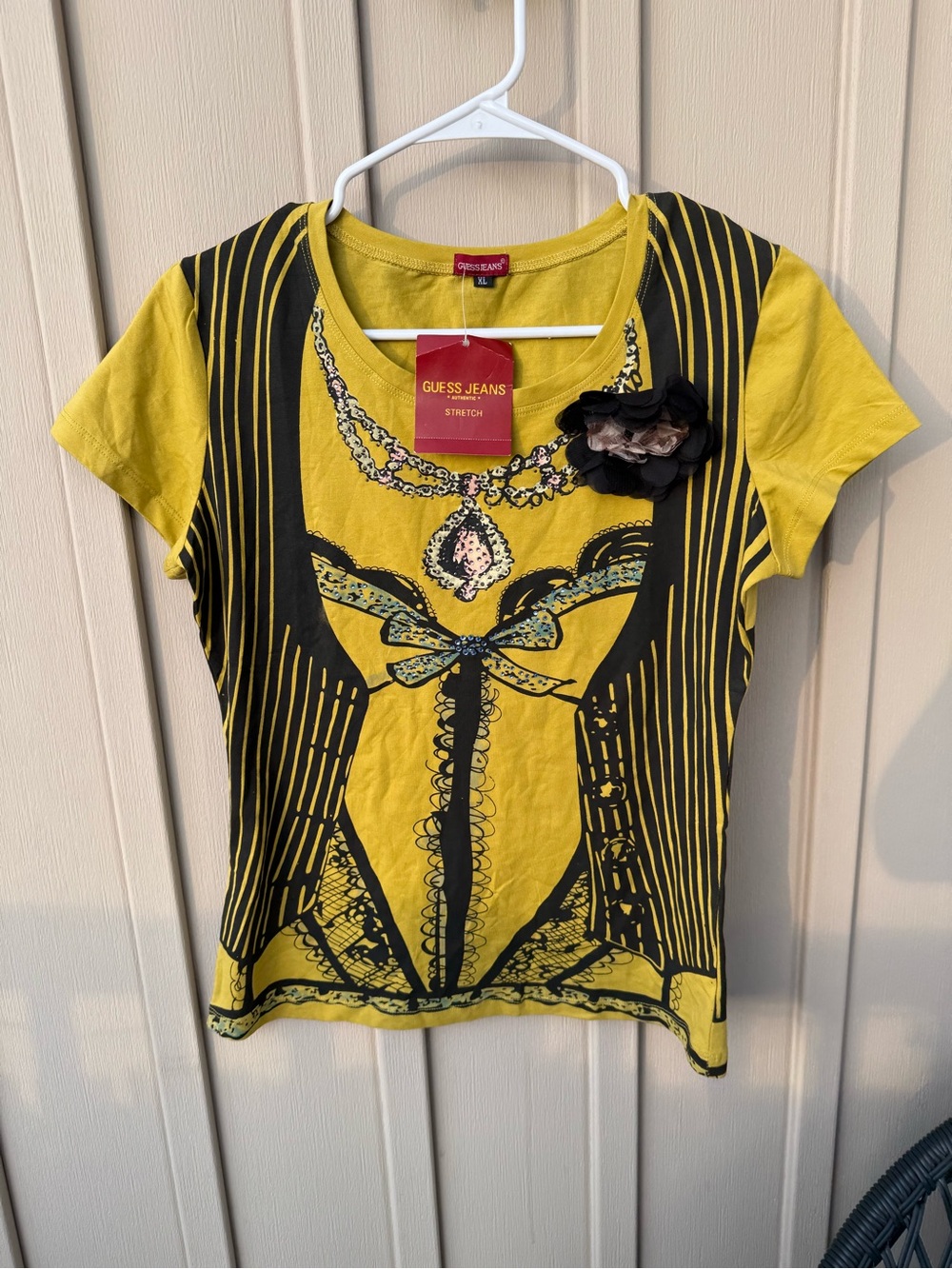 Guess Jeans Deadstock Y2K Yellow Graphic Tee with Black Print XL